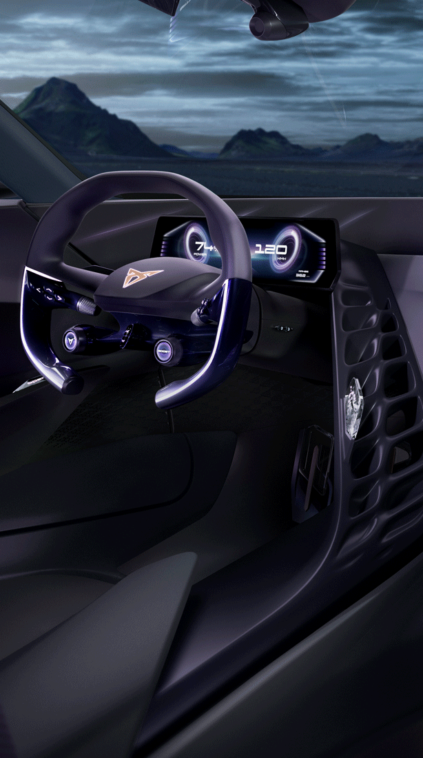 ratt og dashboard fra en av cupras konseptiler dark rebel