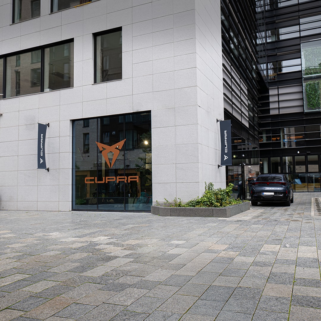 person on a waterfront using my cupra app on a mobile device at sunset, representing connectivity for cupra terramar