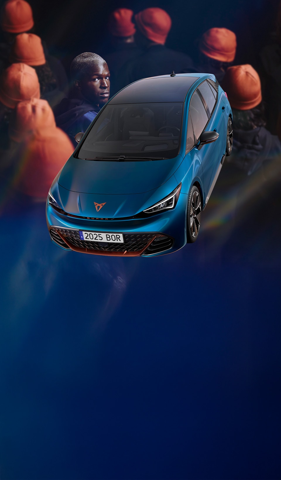 A blue CUPRA car in a surreal scene, superimposed in front of a group of people all facing away except for one man looking back at the viewer. 