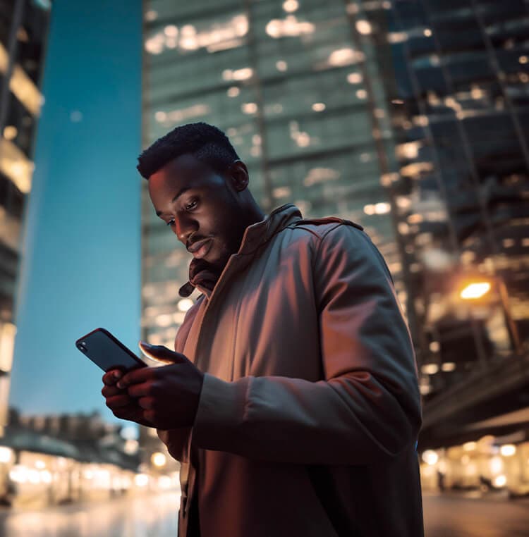 person on a waterfront using my cupra app on a mobile device at sunset, representing connectivity for cupra terramar